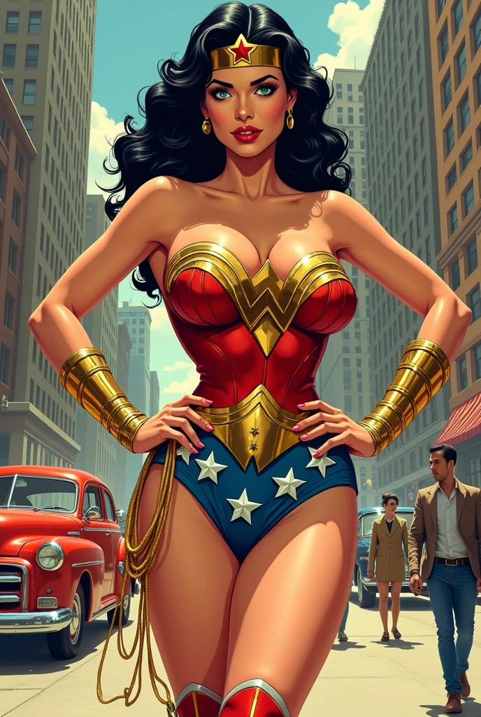 A stunning, classic comic-style Wonder Woman, her voluptuous figure accentuated by her iconic red, blue, and gold costume. Her ample bosom is barely contained by her star-spangled bustier, the fabric stretching tautly over her generous breasts, which are perched high and proud, with voluminous cleavage that demands attention. Her broad, powerful shoulders lead to a cinched waist, emphasizing the dramatic curve of her exaggerated hourglass figure. Below her waist, a pair of tight-fitting, high-cut shorts hug her shapely hips and showcase her massive, round buttocks. The shorts are so snug that they create a wedgie, revealing a hint of the red fabric that lies beneath, which matches her heroic top. The scene is set in a retro, 1940s-inspired cityscape with vibrant colors that pop against the stark, bold lines of the illustration. The background is filled with the chaos of a bustling metropolis, complete with vintage cars, skyscrapers, and pedestrians in awe of the Amazonian warrior. She stands tall and confident, one hand on her hip, the other gripping her golden lasso, which drapes over her shoulder and down her back, highlighting her incredible physique. Her golden belt is cinched tightly around her midriff, drawing the eye to the tantalizing gap between her thighs. Her legs are long, muscular, and unblemished, ending in a pair of sturdy red boots that come up to mid-thigh, which show off her shapely calves. Her dark hair flows freely in the wind, framing her beautiful face, which is filled with determination and a touch of sass. The iconic eagle-emblazoned bustier is adorned with metal studs that glisten in the artificial light, and her gold bracelets gleam as they clasp around her wrists. Her eyes are piercing, a brilliant blue that seems to bore into the soul of the beholder. The overall look is a blend of old-school comic charm and modern sex appeal, bringing the legendary heroine to life in a way that's both familiar and alluringly provocative.