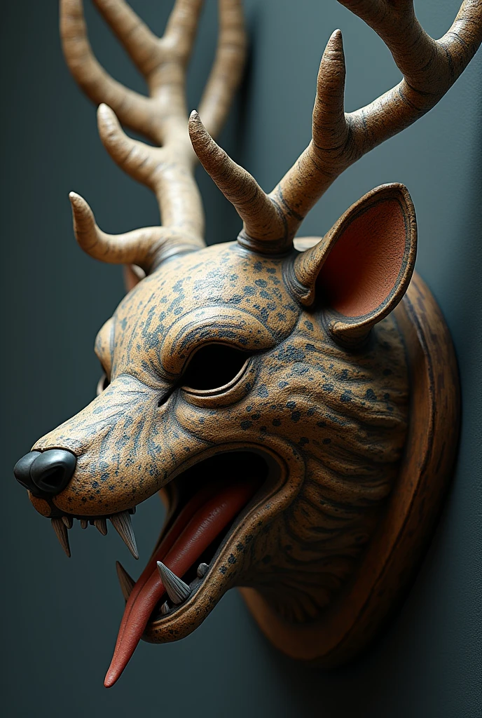 The Nahual Mask left profile 3/4 side coyote part on the right side, Jaguar part on the left side and deer part on top, with antlers, with the mouth open showing the forked tongue with large fangs