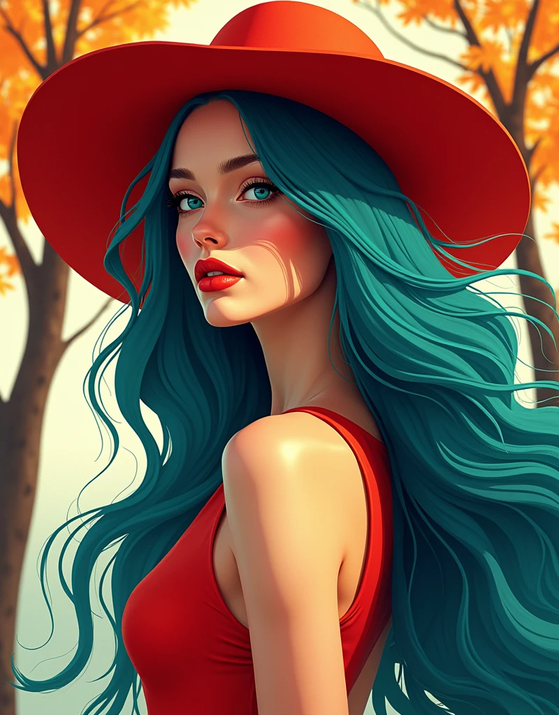 a beautiful woman with long teal hair, red hat, autumn trees, white and bright op art colors, vector op art style art deco, digital art concept, detailed design, fashion magazine cover-inspired elegant composition, bold patterns, vibrant color palette with white, (best quality,4k,8k,highres,masterpiece:1.2),ultra-detailed,(realistic,photorealistic,photo-realistic:1.37),HDR,UHD,studio lighting,ultra-fine painting,sharp focus,physically-based rendering,extreme detail description,professional,vivid colors,bokeh