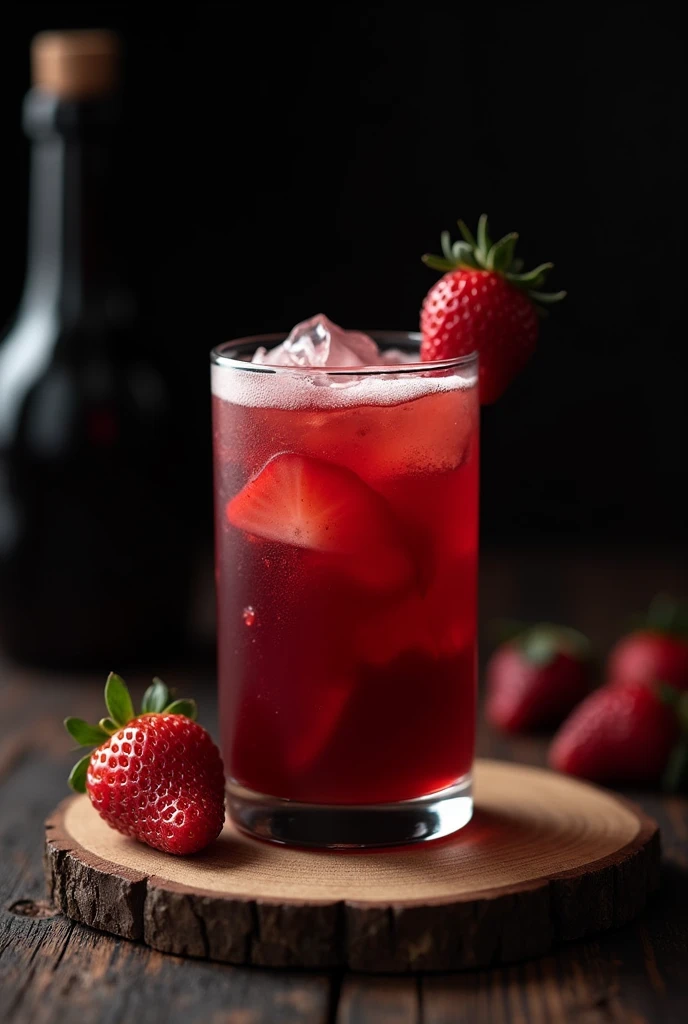 I want a picture of a strawberry drink and a burgundy glass. The burgundy glass must be on top of a wooden board with the background of the image in black..


