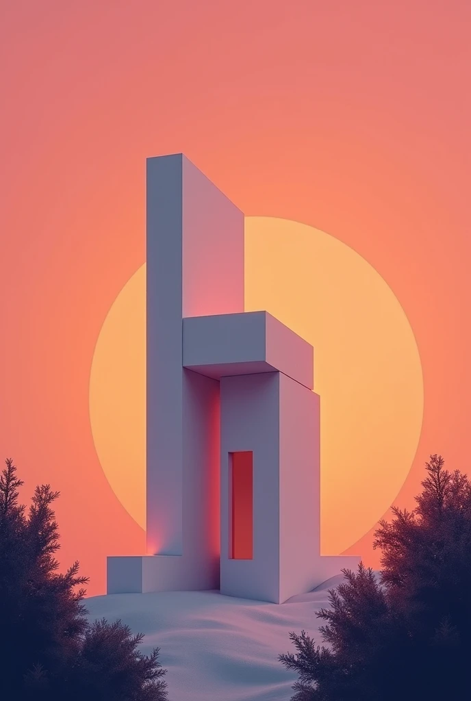 The book cover features a simple, 4D building against a gradient sunset background in orange, pink, and purple, with shadows of trees and leaves at the bottom.







