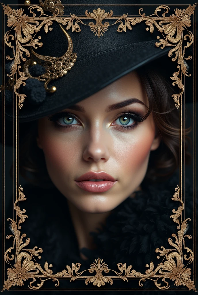 Create a masquerade poster an attractive two eye of a beautiful real woman with a masquerade with beautiful designs im prepared of blackish color with a border
