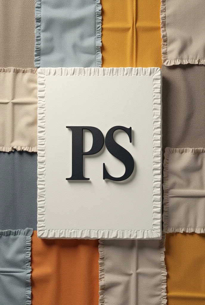 Minimalist PS clothing logo in relief on a fabric patchwork background
