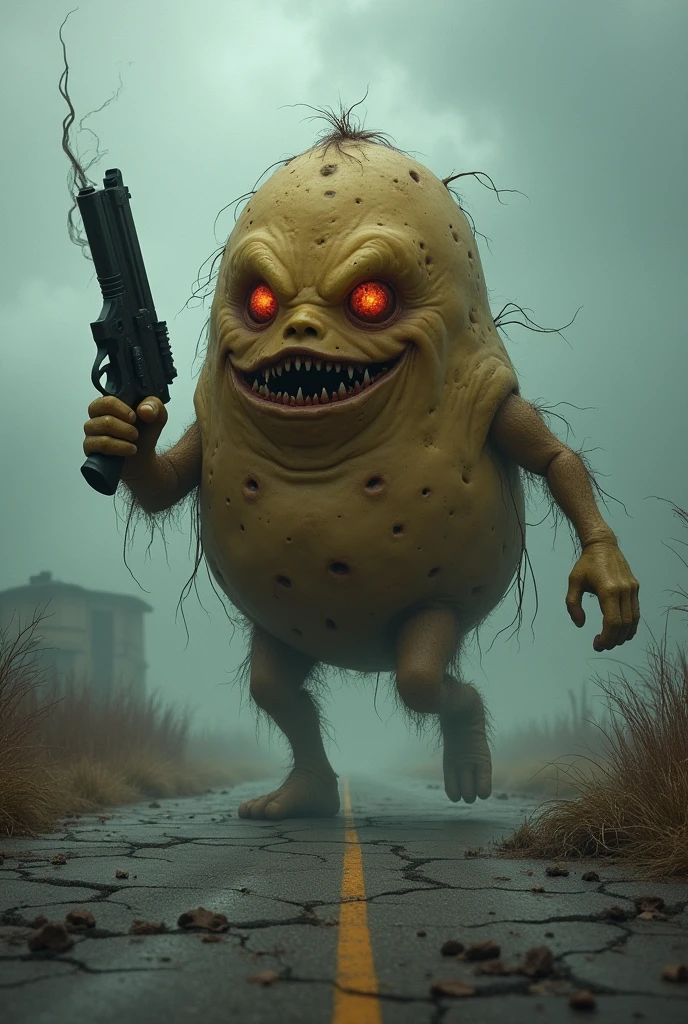 Potato like a demon, walk on road with gun