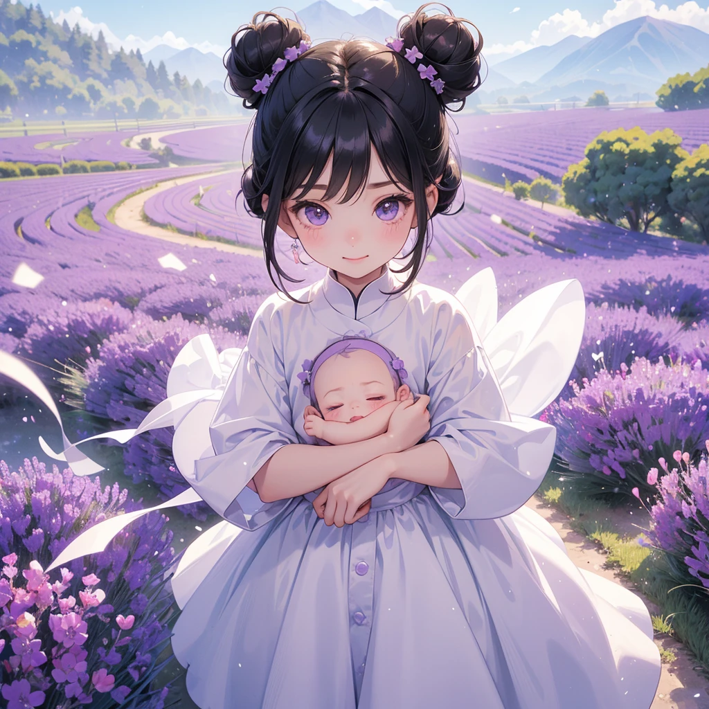 A chibi child girl had a small face and wearing a little tourist priest’s outfit, a pair of big round eyes shone with curiosity about him. This child was so cute, her hair is black with buns on her hair. Small chibi , chibi baby, smiling , chibi. 

Stroll among the purple lavender fields , There are some floating clouds.