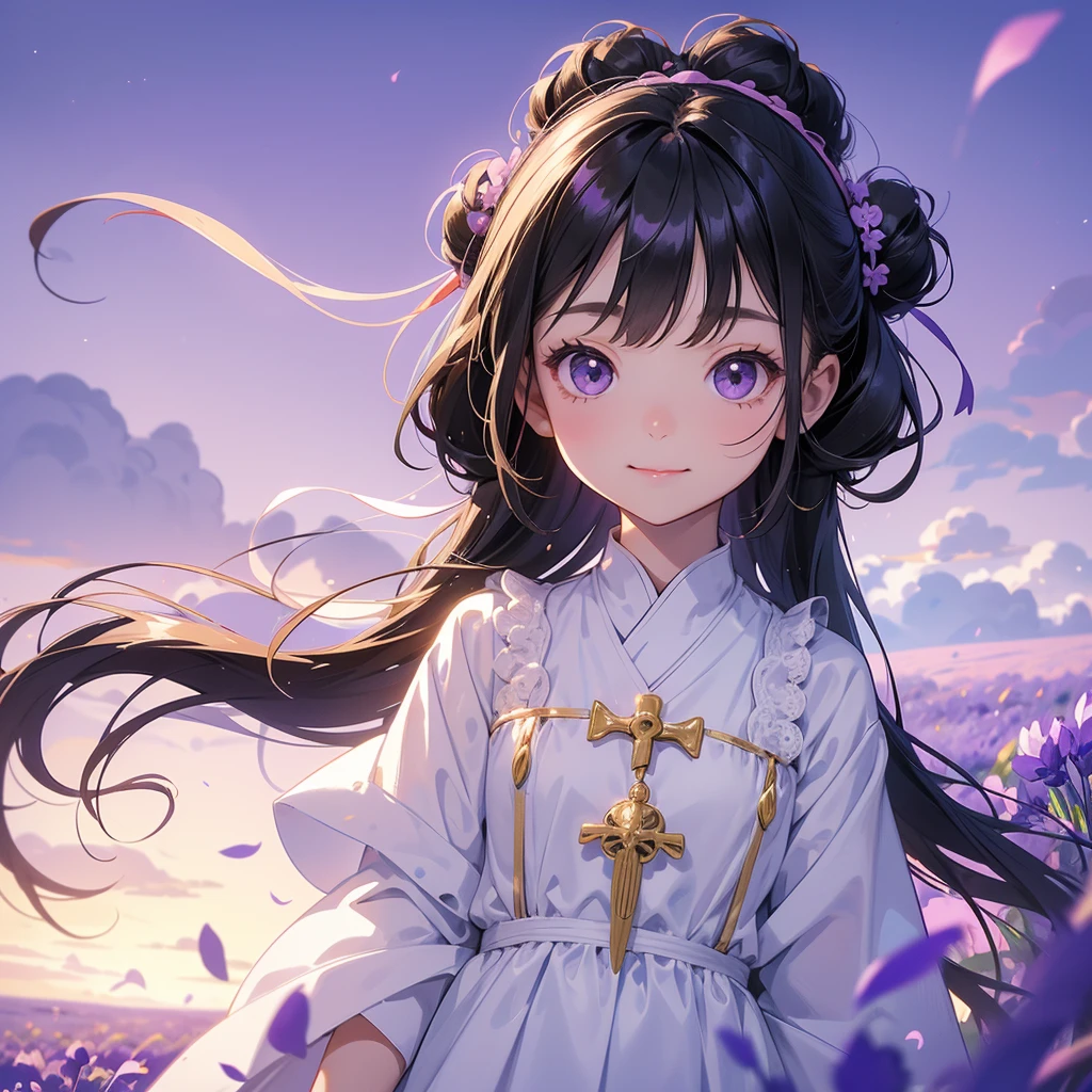 A chibi child girl had a small face and wearing a little tourist priest’s outfit, a pair of big round eyes shone with curiosity about him. This child was so cute, her hair is black with buns on her hair. Small chibi , chibi baby, smiling , chibi.
Stroll among the purple lavender fields , There are some floating clouds.