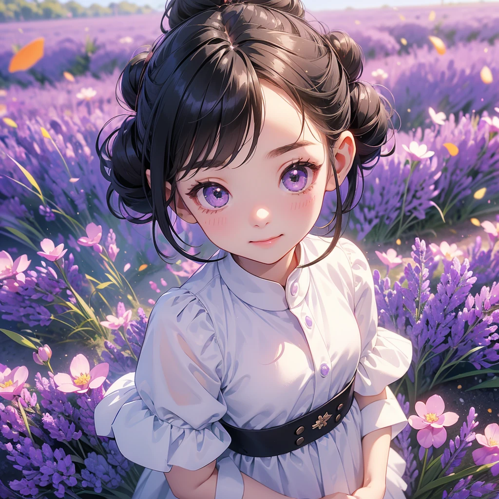 A chibi child girl had a small face and wearing a little tourist priest’s outfit, a pair of big round eyes shone with curiosity about him. This child was so cute, her hair is black with buns on her hair. Small chibi , chibi baby, smiling , chibi.
Stroll among the purple lavender fields , There are some floating clouds.
