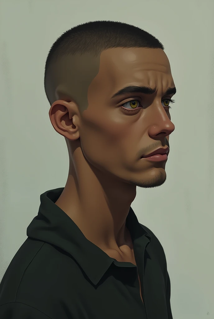 brown skin, buzzcut, amber eyes, skinny, no facial hair, sad man