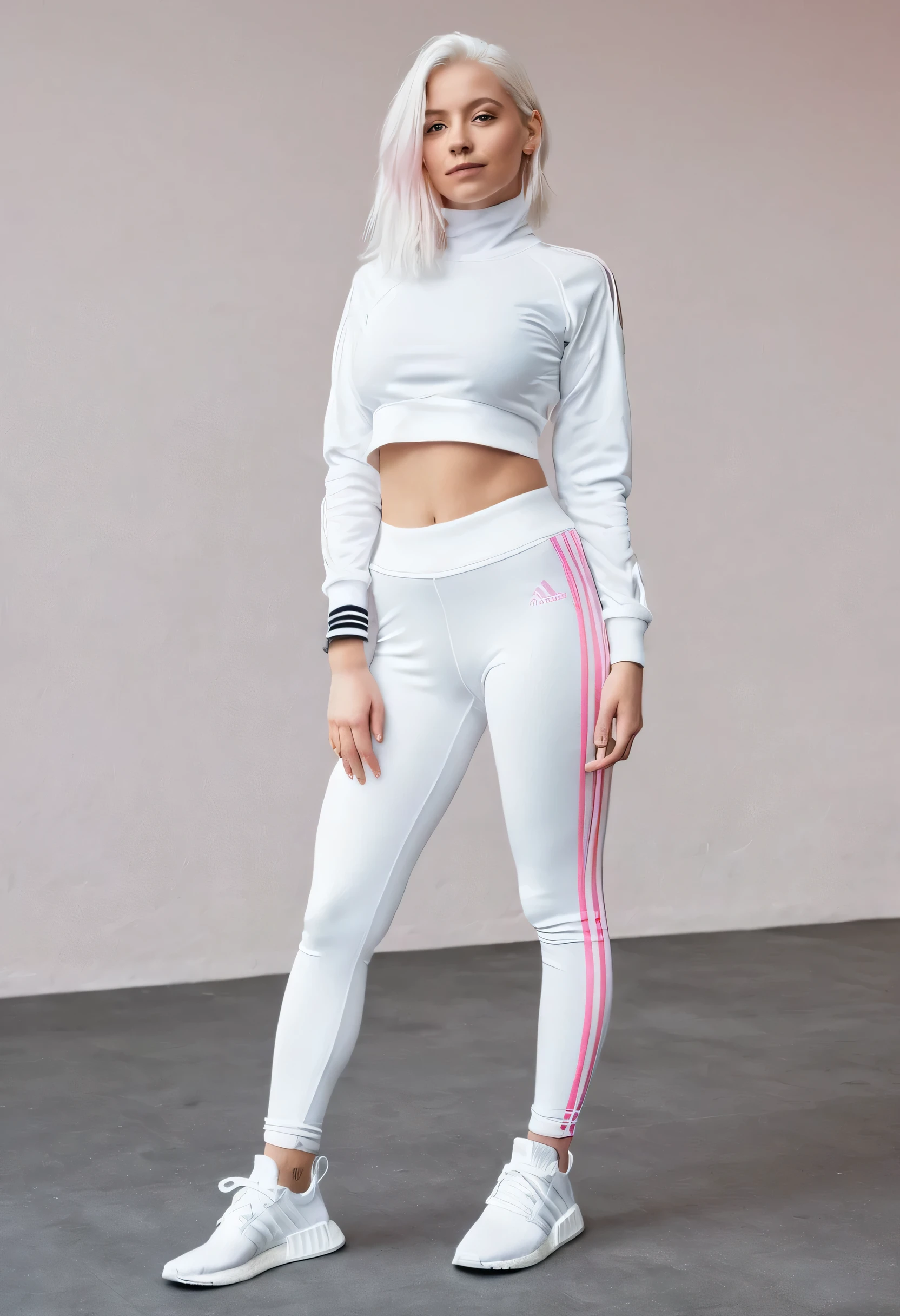 photo by full body. 1 young woman. Scandinavian beauty. clear eyes. shoulder length white hair. Rosto angelical. medium breasts. Wears white gym leggings. Adidas NMD white and pink sneakers with gaiters. She is without a bra, opening her jacket to show her breasts. Tem piercing no umbigo.