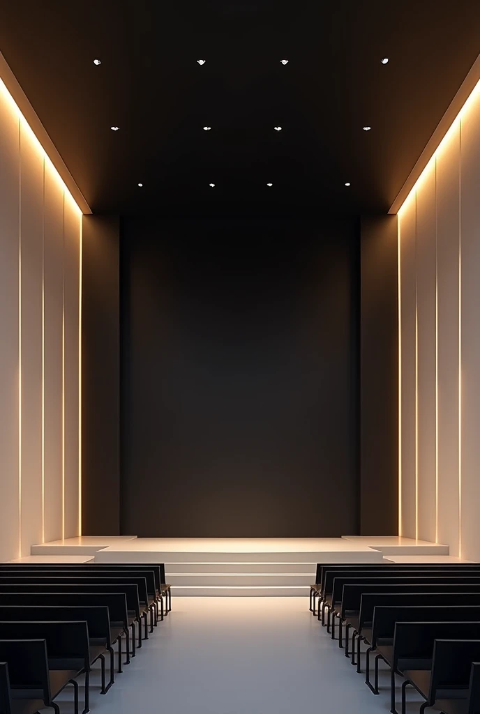 Interior of a minimalist evangelical church in a rectangular shape, black background wall with led panel, black upper ceiling with yellowish spotlights, party lights illuminated the stage,  white side walls.