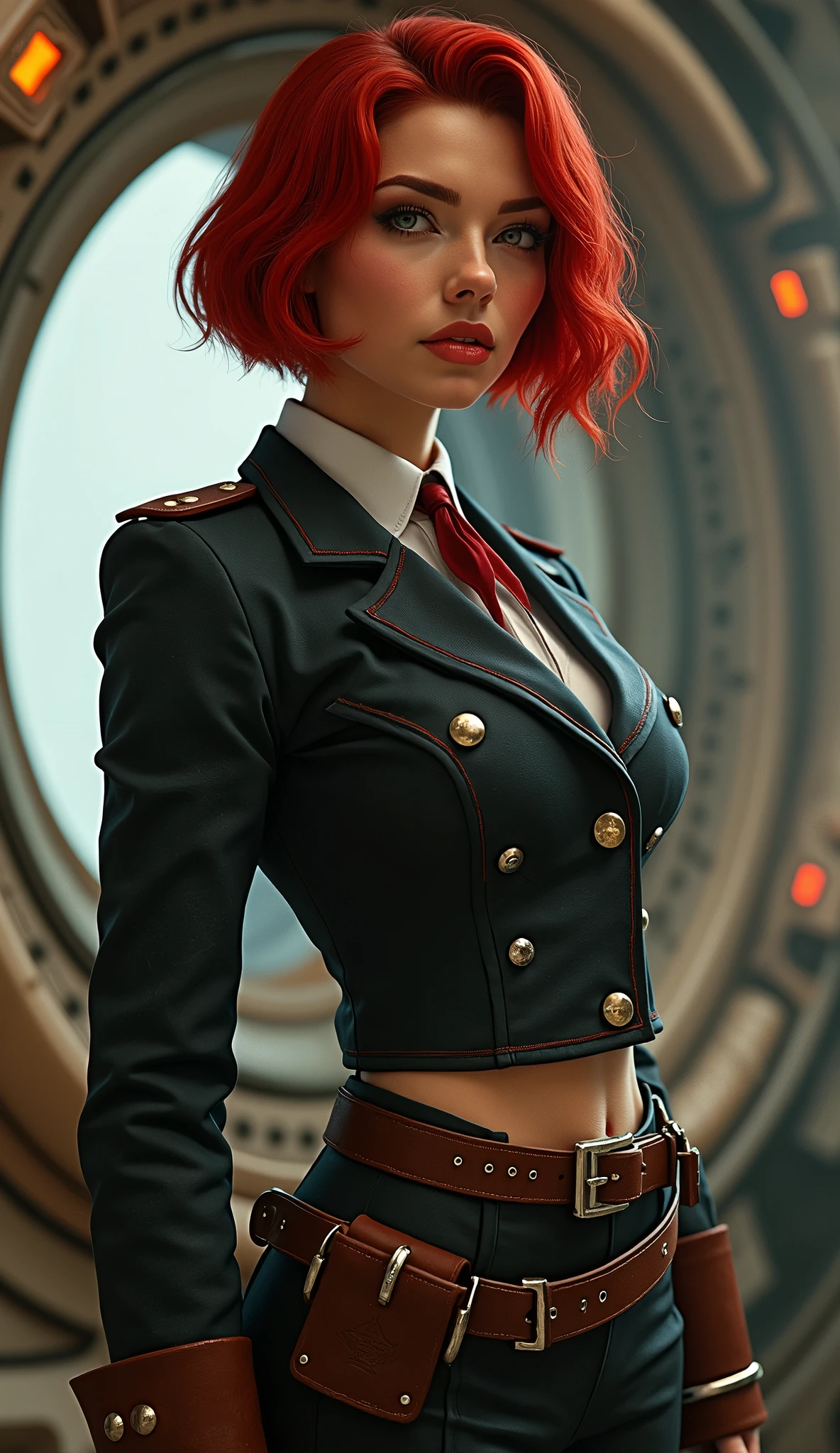 red bob cut, beautiful woman, starship captain, short jacket, cowboy shot, flirty, military bearing, standing, pirate