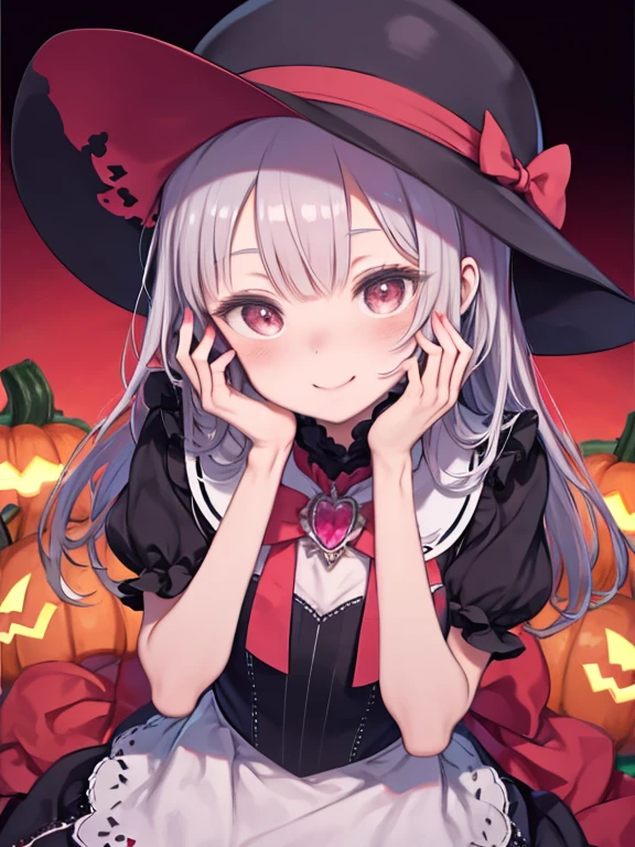 (masterpiece),(Highest quality), From Lambda ,dress, Striped stockings, Red Bow, Pink hat, necklace, gloves, Pearl, Pumpkin brooch, Crazy Face, Upper Body, Persistent Gaze, Mountain々, forest, Looking at the audience, Red Sky, Yandere trance, Yandere, put your hand on your face,Put your hand on your cheek, Hollow Eyes, blush, Big smile, Yandere smile,