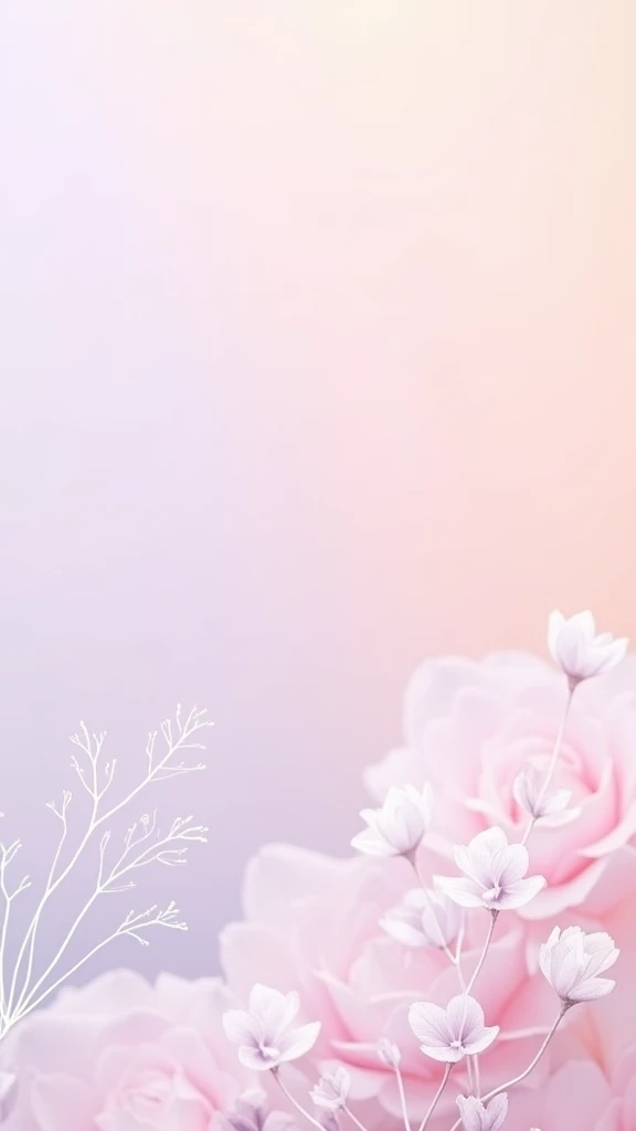 An aesthetic phone wallpaper featuring a soothing, minimalist design. The background is a soft, pastel gradient, transitioning smoothly between shades of blush pink and light lavender. In the foreground, there are delicate abstract shapes or subtle botanical outlines in white, creating a sense of calm and elegance. The design is clean and uncluttered, with plenty of negative space, making it both visually pleasing and easy on the eyes, perfect for a serene and stylish background."







