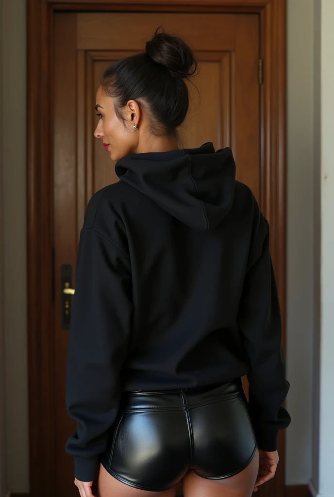 black woman hair in a bun black hoodie black leather short shorts being fucked in the ass by a old grandma in a dress