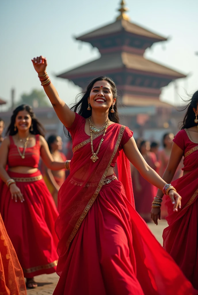 Back ground as pashupatinath and girls in fornt dancing and enjoying wearing red saree in occassion of teej
