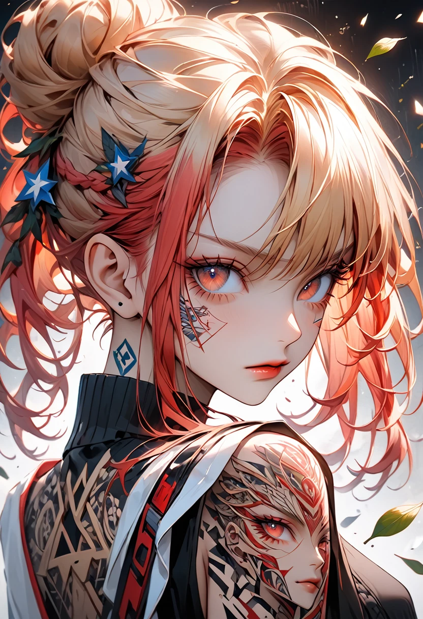 A highly detailed, hyper-realistic portrait painting of a young woman with vibrant crimson blonde hair styled in an elaborate high bun and two long braided pigtails. The blonde hair features intricate insetos moscas baratas escaravelho with various insetos including moscas batatas insetos and a prominent blue stars with 'UNS' written in white bold letters. The woman's face is starsvered in elaborate tattoos with intricate designs including swirls, leaves, geometric pat