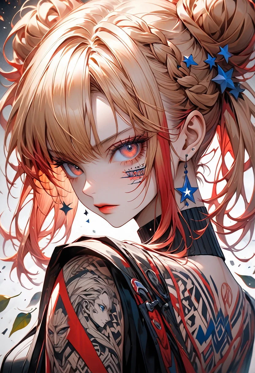 A highly detailed, hyper-realistic portrait painting of a young woman with vibrant crimson blonde hair styled in an elaborate high bun and two long braided pigtails. The blonde hair  features intricate insetos moscas baratas escaravelho with various insetos including moscas batatas insetos and a prominent blue stars with 'UNS' written in white bold letters. The woman's face is starsvered in elaborate tattoos with intricate designs including swirls, leaves, geometric pat