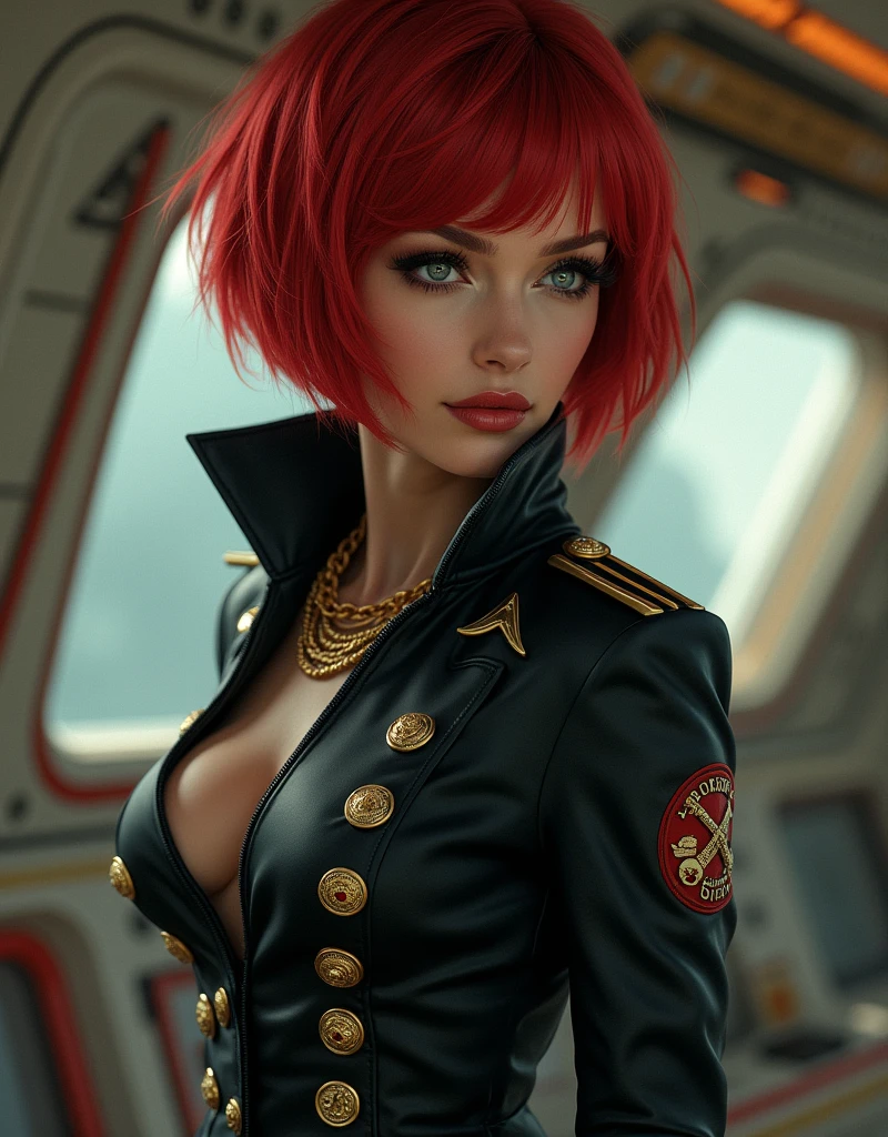 red bob cut, beautiful woman, starship captain, short jacket, cowboy shot, flirty, military bearing, standing, pirate