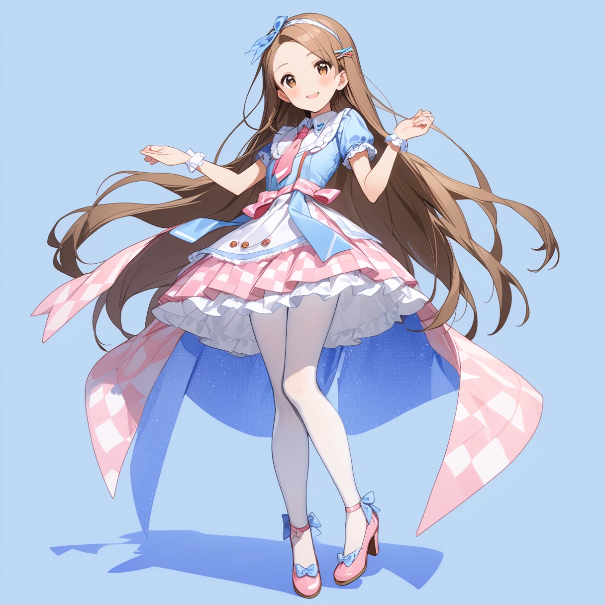 (Full Body Shot:1.5), (Kneeling pose), 
(masterpiece), (Highest quality), (High resolution), (Very detailed), (Best illustrations), Best Shadow, (so beautiful:0.9), (very cute), 

(Minase Iori),  girl, 
Dark brown hair, Long Hair, amount, Hair Clip, Brown eyes, hair band, 
smile, Shyness, Pitiful, 
Small breasts, Round Breasts, Iris, round face, 

Perfect limbs, Perfect Anatomy, Thin legs, Five perfect fingers, Big eyes, Iris, (slender), Tight waist, 
Delicate and smooth skin, Beautiful Skin, Textured skin, Attractive body, 
smile, 恥ずかしそうなsmile, 
 
(White and pink girly dress), Frills, ribbon, (Pink tie), (A sheer light blue shirt), (Pink and white checkered pleated skirt), 
White cotton socks,(White Pantyhose), Knee-high socks, Pink heels, 

(Blue background:2.0), (Blue Studio), 

(from the front), 