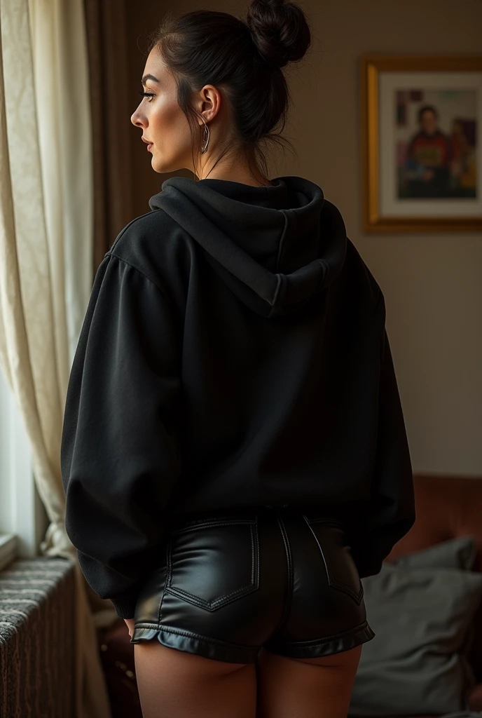 black woman hair in a bun black hoodie black leather short shorts being fucked in the ass by a old grandma in a dress