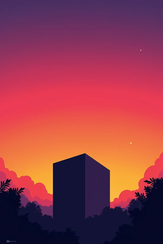 The book cover features a simple, building against a gradient sunset background in orange, pink, and purple, with shadows of trees and leaves at the bottom.