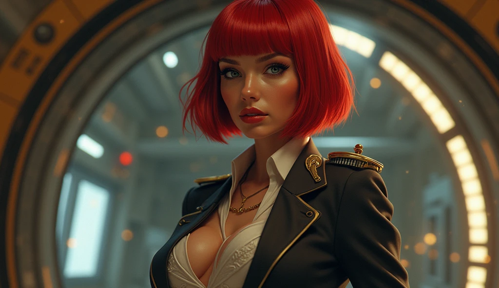 red bob cut, beautiful woman, starship captain, short jacket, cowboy shot, flirty, military bearing, standing, pirate
