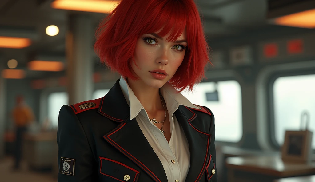 red bob cut, beautiful woman, starship captain, short jacket, cowboy shot, flirty, military bearing, standing, pirate