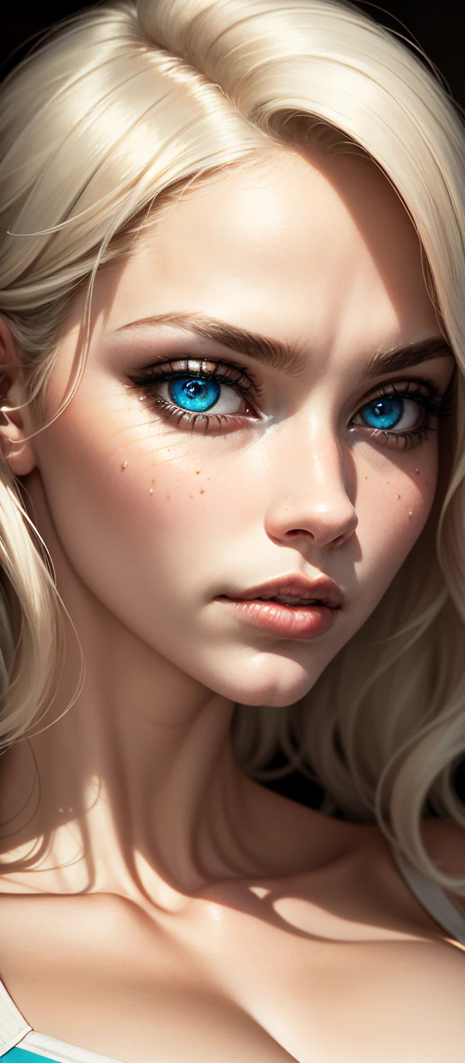 (dynamic lighting), (realism), (UHD), (32k), (Mastepiece), (highres, high resolution), (Advanced facial details), (natural skin:1.3), (DSLR), (soft lighting), (high quality), (finely detailed face), (top quality), (Best Quality), (platinum blond hair:1.5), (photorealistic:1.4) , (hyperrealistic:1.4), (smoother sunset lighting:1.05), (Centered), (increase Fujicolor quality:0.9), ((alena aenami:1)), (((face portrait:1.2))), High quality, 8K Ultra HD, hyper-realistic portrait of a perfect fit beautiful woman wearing a minimalistic bright turquoise gym outfit. The artist captures the woman with mysterious, long, and slightly wavy white hair, captivating blue eyes that show a sense of mischief, and a confident glance directly into the camera with her captivating eyes. Every subtle delicate nuance of her attractive face, the intricacies of her gaze, and the cascading strands of her hair are perfectly captured. The artist employs a mastery of modeling lighting techniques, creating a studio lit environment that perfectly captures her entire face looking directly at the camera. Her entire head and hair are captured in this masterpiece.