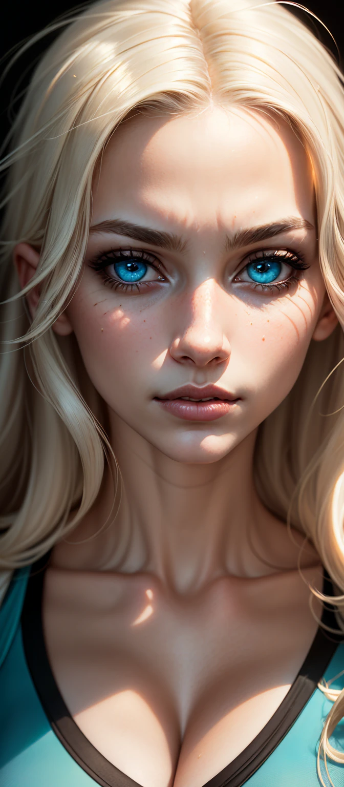 (dynamic lighting), (realism), (UHD), (32k), (Mastepiece), (highres, high resolution), (Advanced facial details), (natural skin:1.3), (DSLR), (soft lighting), (high quality), (finely detailed face), (top quality), (Best Quality), (platinum blond hair:1.5), (photorealistic:1.4) , (hyperrealistic:1.4), (smoother sunset lighting:1.05), (Centered), (increase Fujicolor quality:0.9), ((alena aenami:1)), (((face portrait:1.2))), High quality, 8K Ultra HD, hyper-realistic portrait of a perfect fit beautiful woman wearing a minimalistic bright turquoise gym outfit. The artist captures the woman with mysterious, long, and slightly wavy white hair, captivating blue eyes that show a sense of mischief, and a confident glance directly into the camera with her captivating eyes. Every subtle delicate nuance of her attractive face, the intricacies of her gaze, and the cascading strands of her hair are perfectly captured. The artist employs a mastery of modeling lighting techniques, creating a studio lit environment that perfectly captures her entire face looking directly at the camera. Her entire head and hair are captured in this masterpiece.