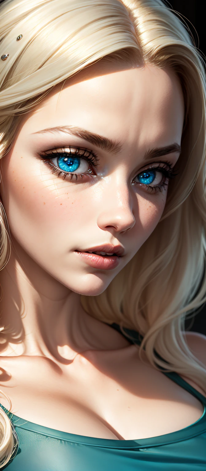 (dynamic lighting), (realism), (UHD), (32k), (Mastepiece), (highres, high resolution), (Advanced facial details), (natural skin:1.3), (DSLR), (soft lighting), (high quality), (finely detailed face), (top quality), (Best Quality), (platinum blond hair:1.5), (photorealistic:1.4) , (hyperrealistic:1.4), (smoother sunset lighting:1.05), (Centered), (increase Fujicolor quality:0.9), ((alena aenami:1)), (((face portrait:1.2))), High quality, 8K Ultra HD, hyper-realistic portrait of a perfect fit beautiful woman wearing a minimalistic bright turquoise gym outfit. The artist captures the woman with mysterious, long, and slightly wavy white hair, captivating blue eyes that show a sense of mischief, and a confident glance directly into the camera with her captivating eyes. Every subtle delicate nuance of her attractive face, the intricacies of her gaze, and the cascading strands of her hair are perfectly captured. The artist employs a mastery of modeling lighting techniques, creating a studio lit environment that perfectly captures her entire face looking directly at the camera. Her entire head and hair are captured in this masterpiece.