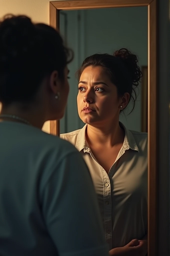 Fat woman looking at herself in the mirror with a sad face