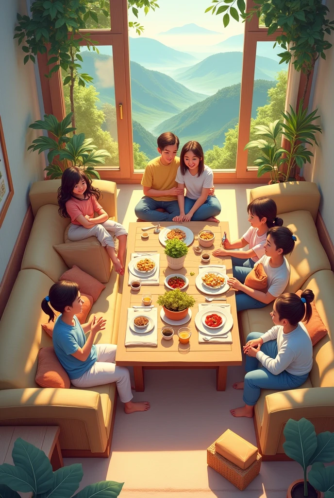 Families and friends enjoying the spaces: sitting in a cozy living room, sharing a meal at a wooden table, relaxing in a corner with peaceful views.