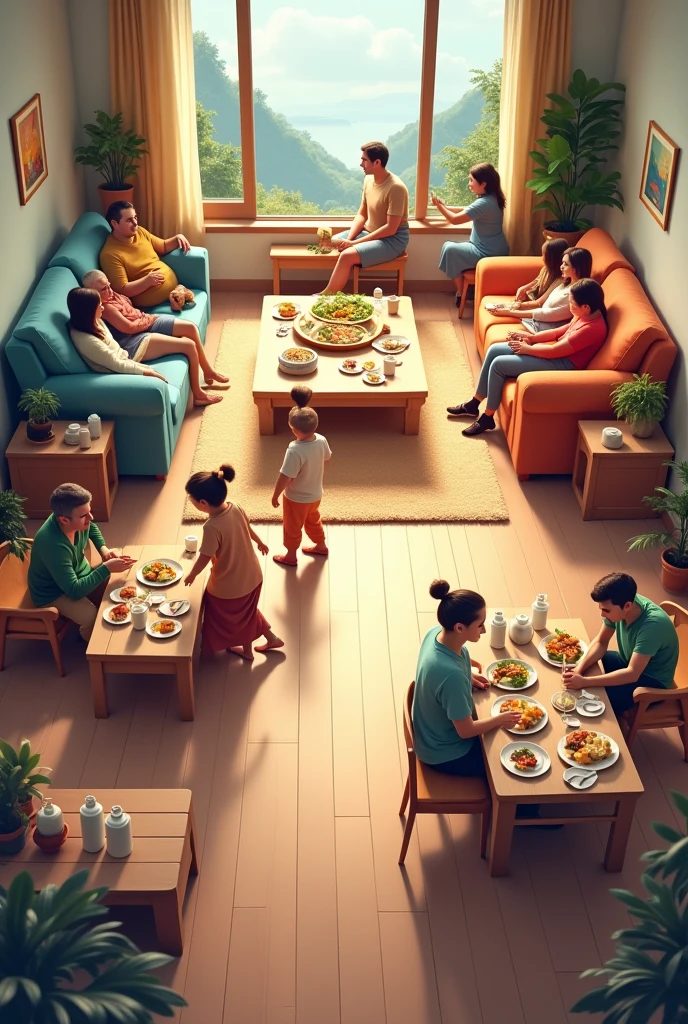 Families and friends enjoying the spaces: sitting in a cozy living room, sharing a meal at a wooden table, relaxing in a corner with peaceful views.