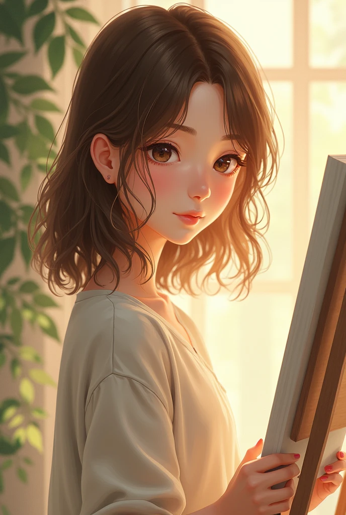 Believe me, a beautiful and simple girl with hair that is between straight and wavy, brown in color, neither too light nor too black, her hair is medium length and her eyes are honey brown., pretty and natural ( She really likes painting and reading books. She looks like a girl with a pure soul.)