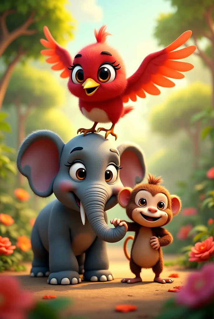 Cute red bird, elephant, monkey in fun