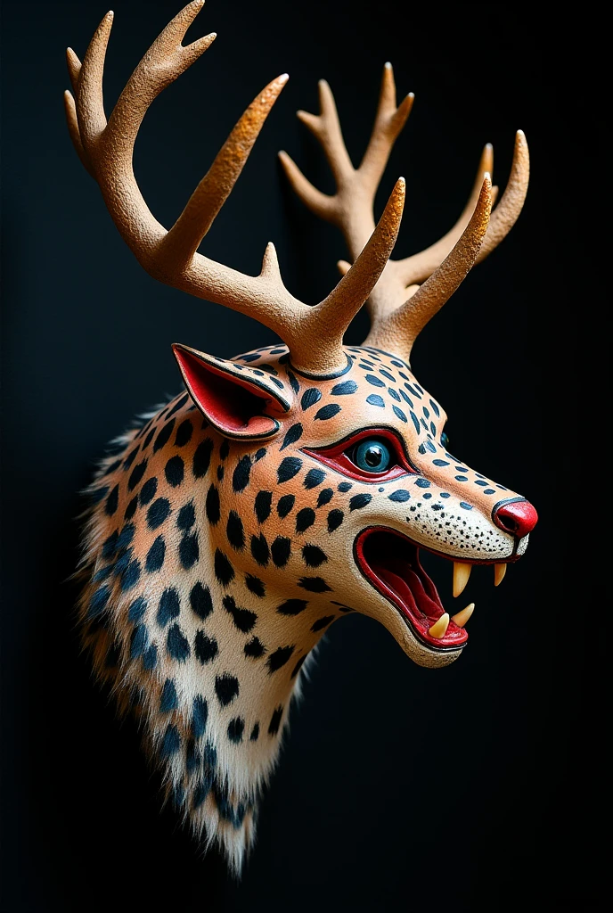 The Nahual Mask right profile 3/4 side coyote part on the right side, Jaguar part on the left side and deer part on top, with antlers, with the mouth open showing the forked tongue with large fangs
