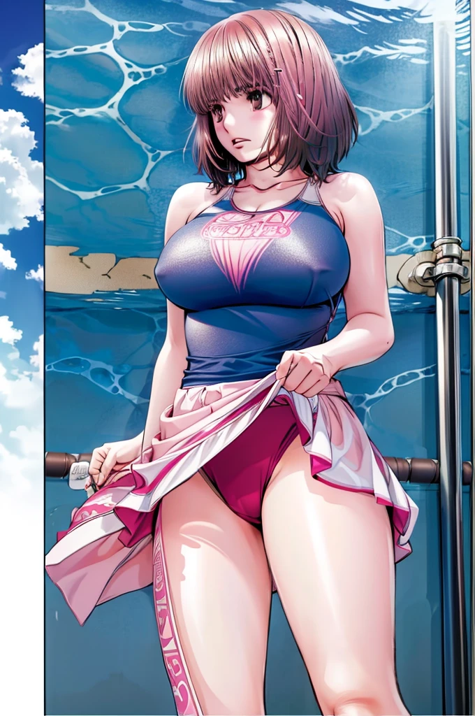 A boyish beauty with big breasts, beautiful legs, and short hair is standing blushing by the pool in a bright pink high-cut swimsuit with the arena logo and lettering.。Angle from below。