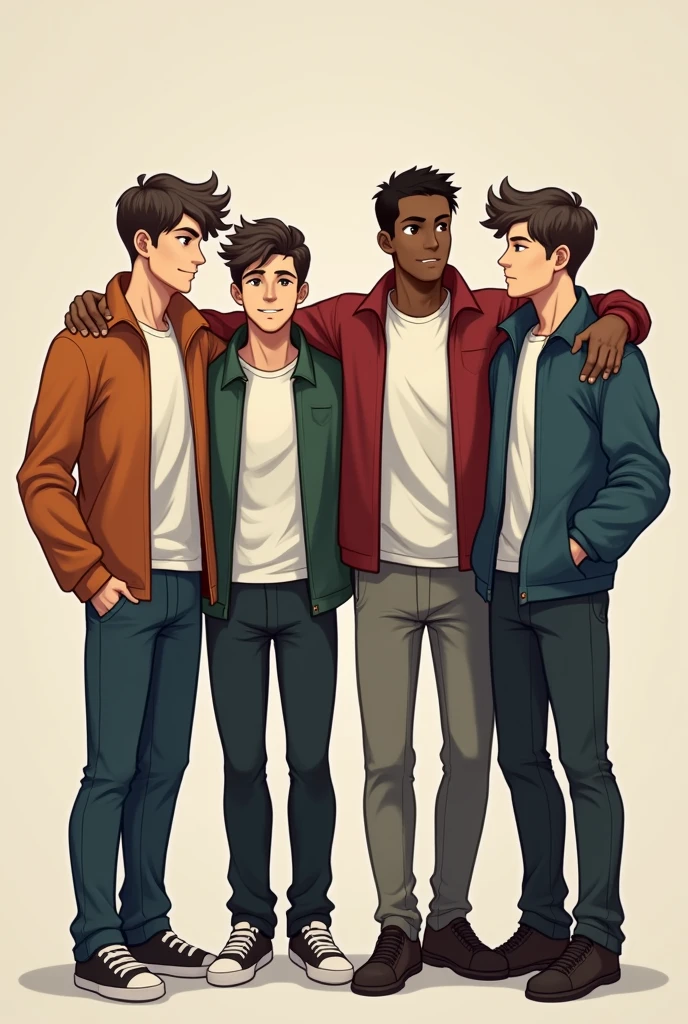 4 male friends standing side by side putting hands on each other shoulder two friend is very tall height with fair skin one with short height and other with mid height and dark skin with gaming background