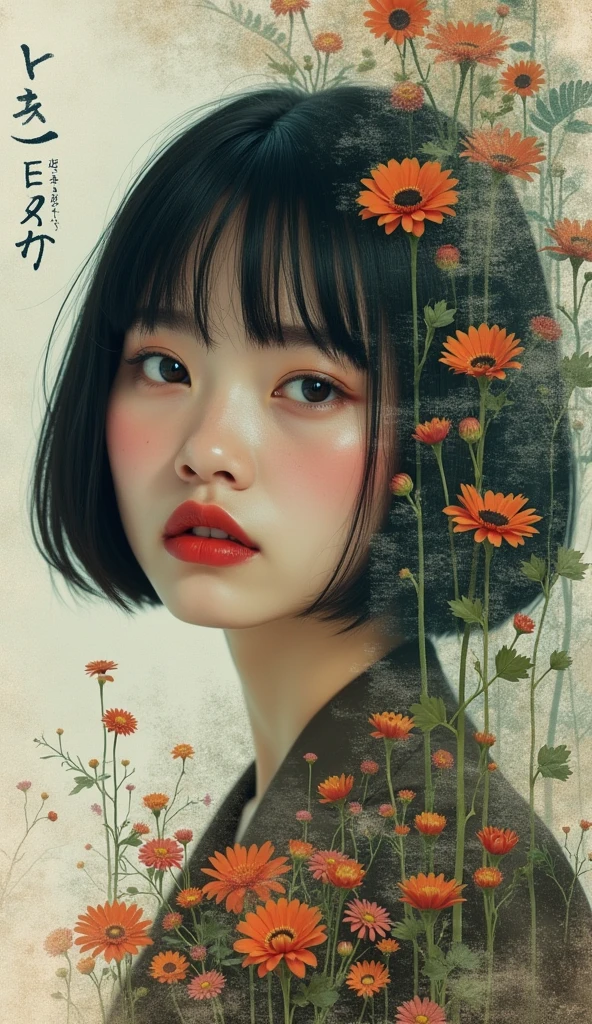 Edit Photos,Highly detailed background,Ultra-realistic,Double exposure,Depth of written boundary,Beauty Ultra Slender Skinny Vibe,Soft Focus Tone,Story Scene,Acrylic paint,Multi-layer structure,In Multi-pattern Multiform greenhouse,Crimson lips open,Multi-pattern,Multiform,Extremely close-up portrait photograph,Retro wabi-sabi old clothes,Very short bob-cut hair,Recall,