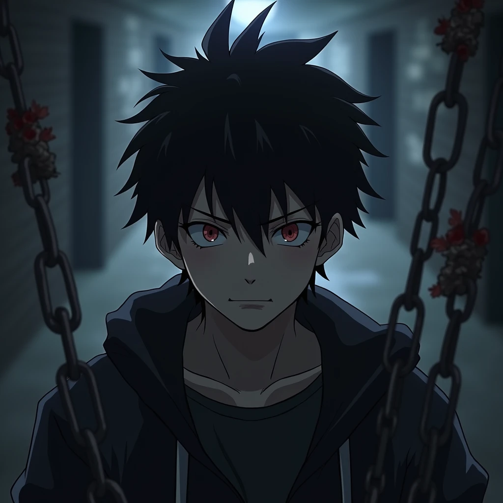 anime boy male horror aggressive with chains in background with blur, 8k high quality image name "𝙎𝙓𝙄𝙏𝙍𝙊𝙇𝙇"