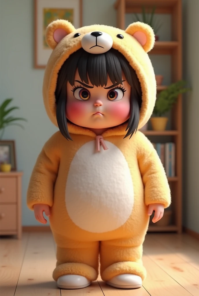(girl),(()) ,3d images ,Highest quality 8K ,Chubby body shape,((Very fat)),Pink cheeks,podgy,Bad mood, (angry),((angry)),((very dissatisfied)),Put on a stuffed animal costume,Balanced lighting,blurred background,Middle of the picture