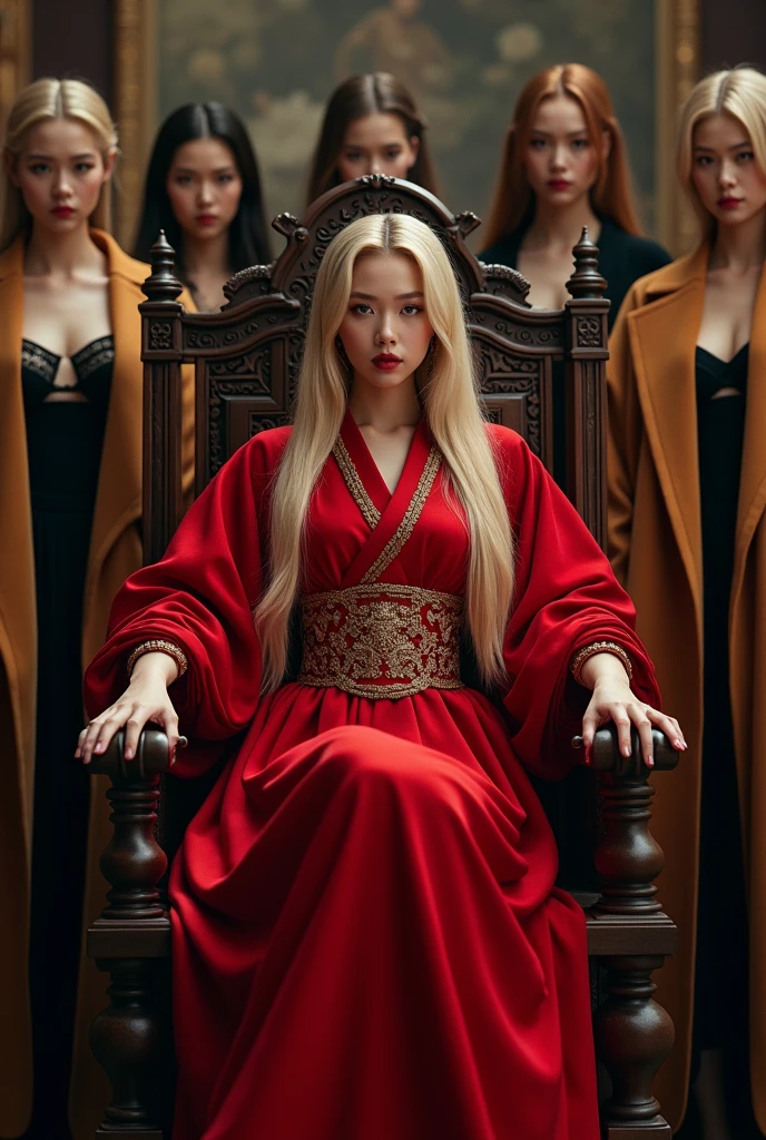 Blackpink rosé with blonde hair and royal red kimono dress, sitting on a decorated wooden throne, in front of her are a group of female peasants wearing warm velvet coats open across the chest, such that their black underwear is visible