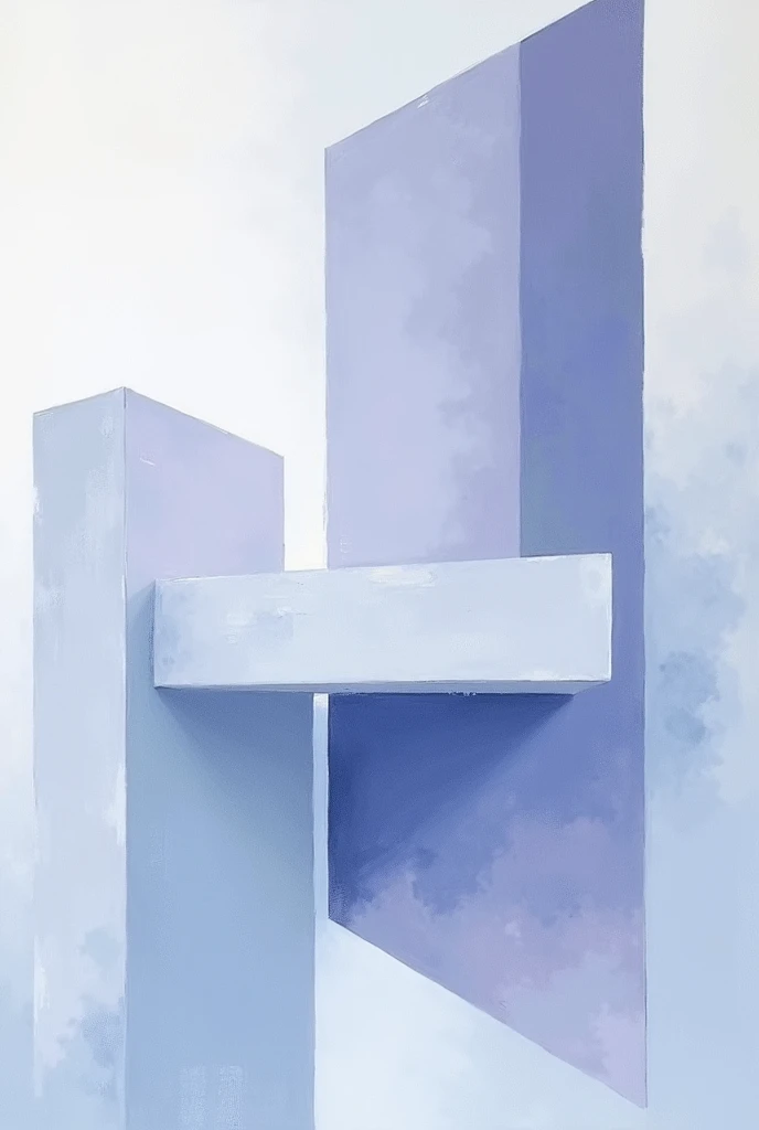 a renowned abstract canvas with geometric shapes in lilac blue and light tones