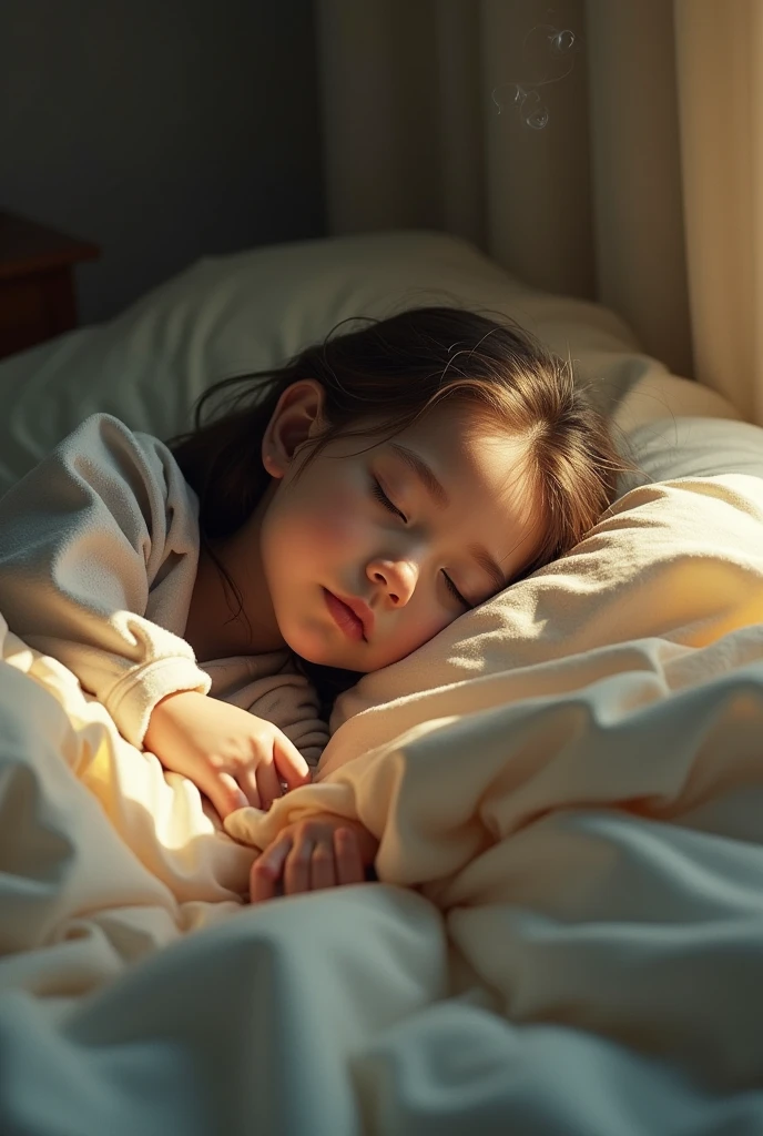 a young girl sleeping in bed, wearing wet pajama pants, a puddle on the bed, detailed realistic, photorealistic, 8k, masterpiece, (hyper-detailed:1.2), (ultra-detailed:1.4), (intricate details:1.3), (delicate textures:1.2), (soft lighting:1.1), (warm colors:1.1), (dreamy atmosphere:1.1), subtle steam effect, cinematic composition