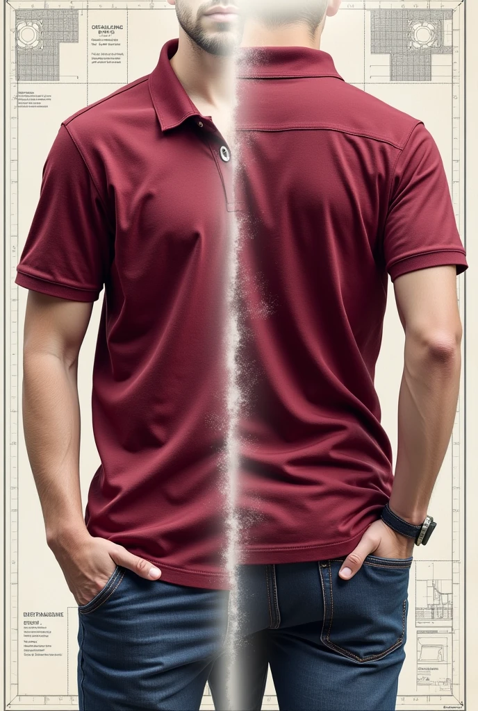 wine red polo shirt, forward and backward, separate, blueprint for designs, no model 