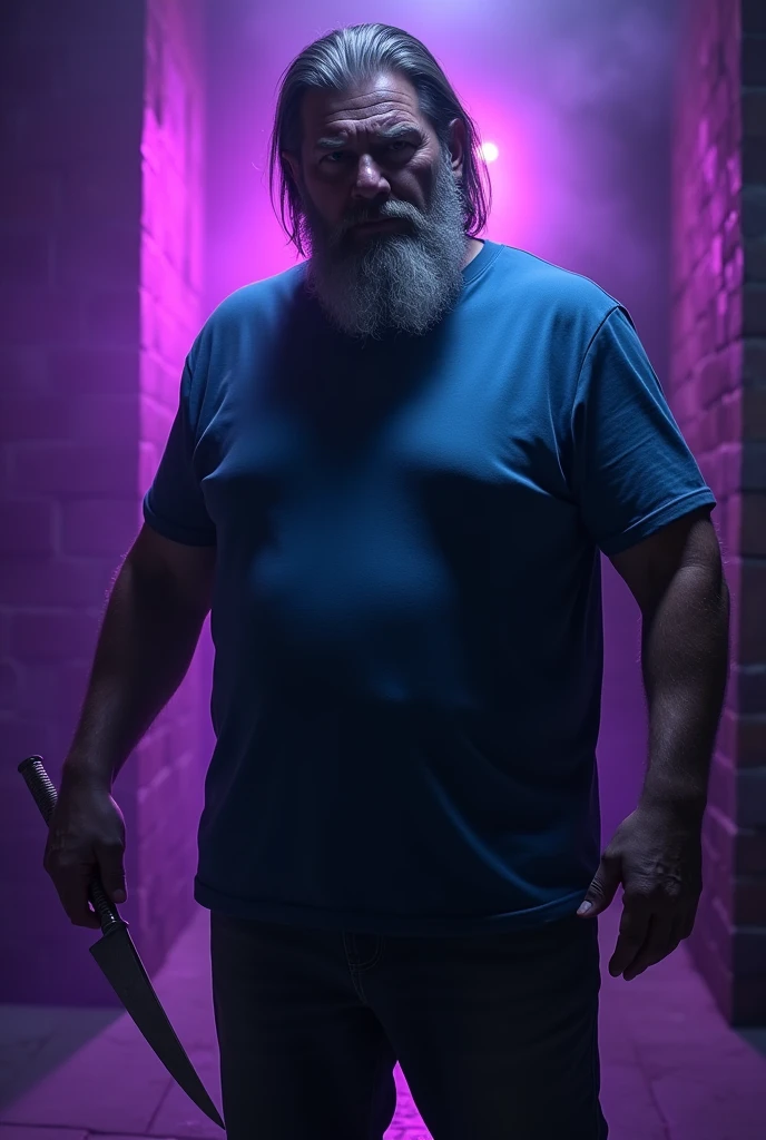 Create a slightly fat evil man with a beard and straight hair wearing a blue t-shirt with a knife and purple lighting
