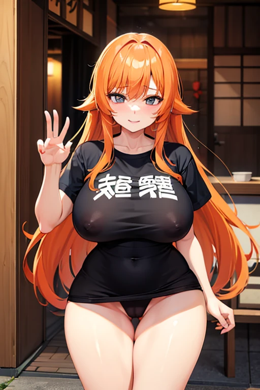 woman orange hair big breasts t-shirt nipples thick legs izakaya two men's penises blowjob smiling face red nympho spread legs to show genitals cum in mug BUKKAKE fuck