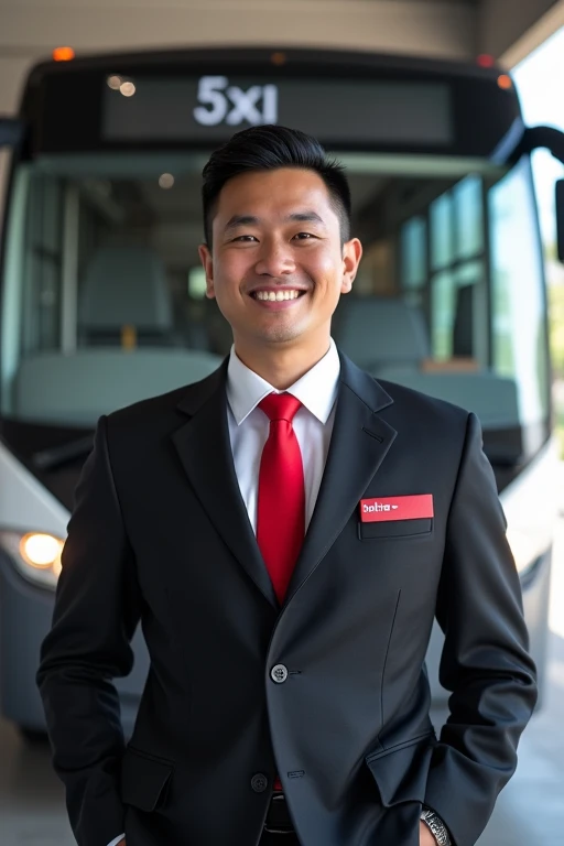 a handsome 2 man from Indonesia, short and neat hair, wearing a white shirt, red tie and covered with a black jacket, with the words "Bus Driver" on the right chest, and the words "Tyo Lumanto" on the left chest, standing in the parking lot, and there is a nice and cool big bus behind him, smile expression, realistic, super HD, detailed.