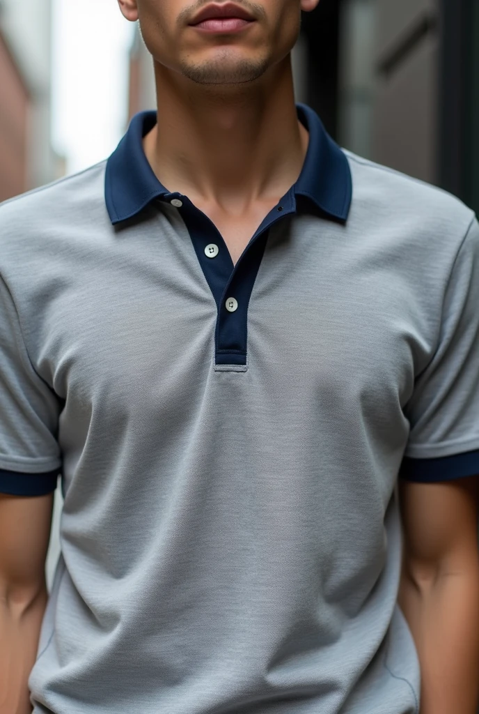 Grey polo tshirt with navy blue collar