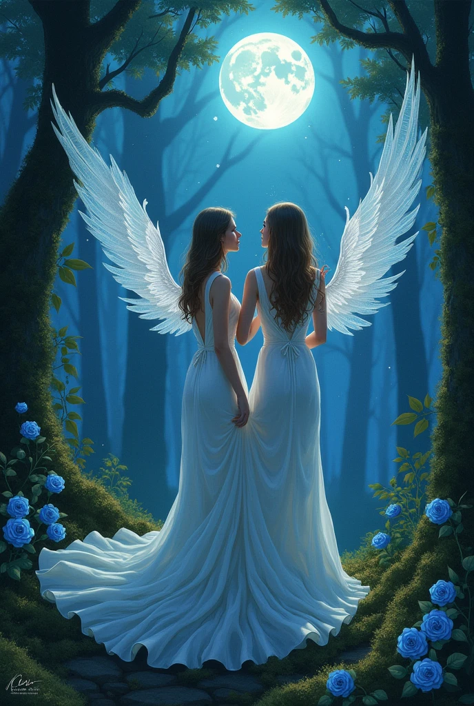 Make bird wings ,Vivid Wings , Beautiful forest background, wearing long dresses, A small bee is drawn on a blue rose , A beautiful night forest with tiny light insects dancing
